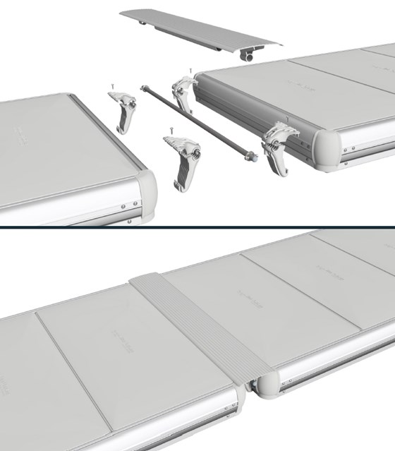 Secciones de muelle EasyFloat conectadas con bisagras y perfiles de cubierta para construir un muelle flotante flexible.