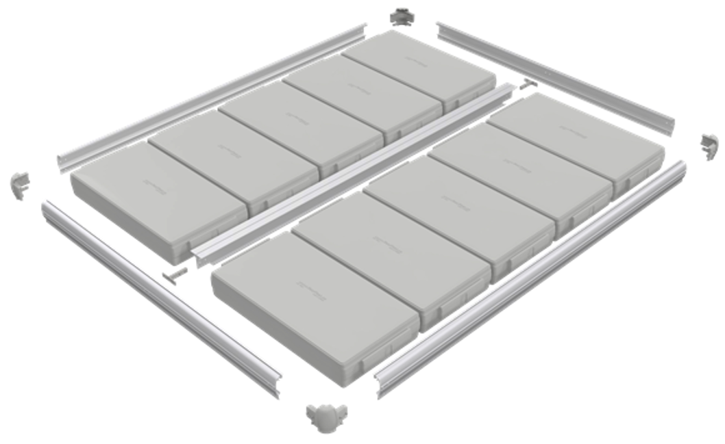 Illustration av EasyFloat bryggsystem med flytblock, T-profiler och C-profiler