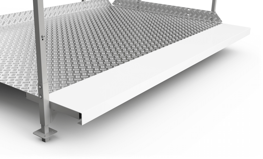 Närbild på EasyTrail-badrampens stödben och vit markering. Del av Floattechs tillgänglighetslösning för bad.