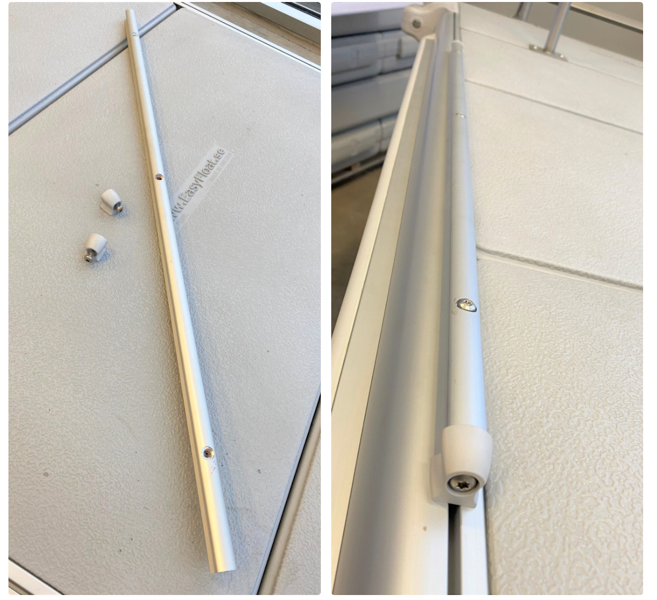 Närbild på en EasyFloat grepplist, bra att hålla sig i vid flytbryggan