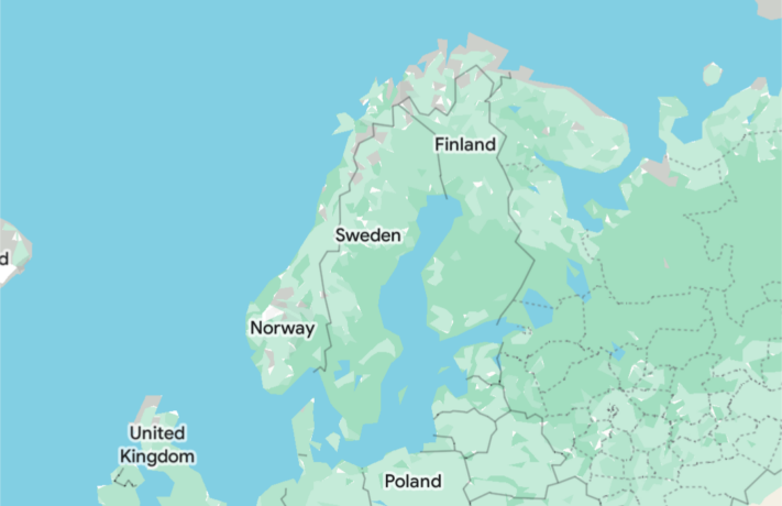 Världskarta med Norra Europa i fokus, inklusive Storbritannien, Norge, Sverige, Finland och Polen